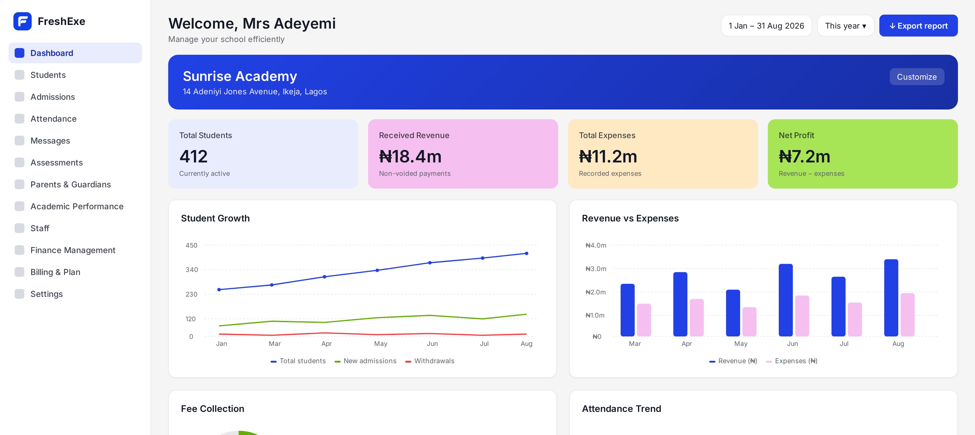 FreshExe school administration dashboard
