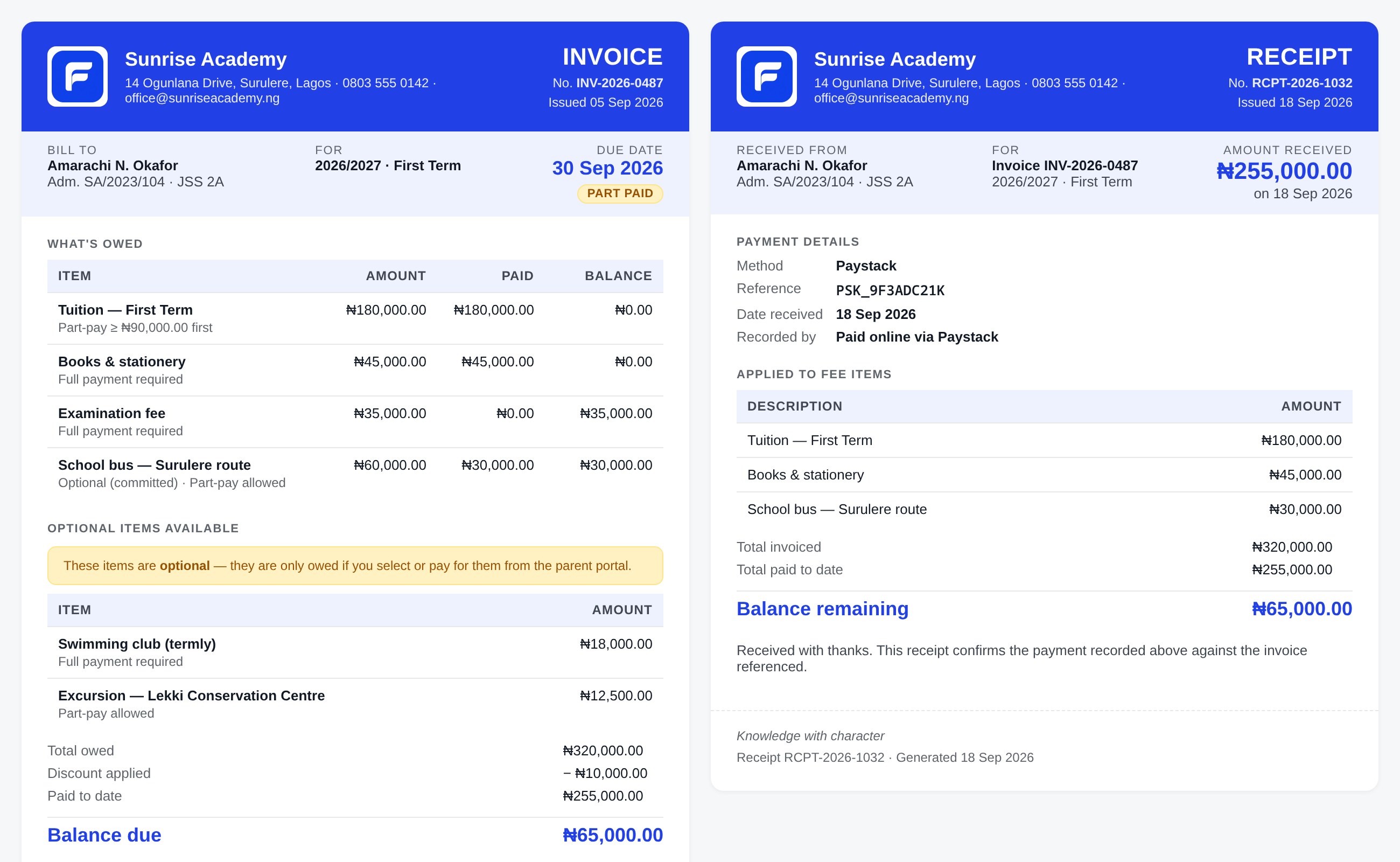 Fee invoice and payment receipt in FreshExe