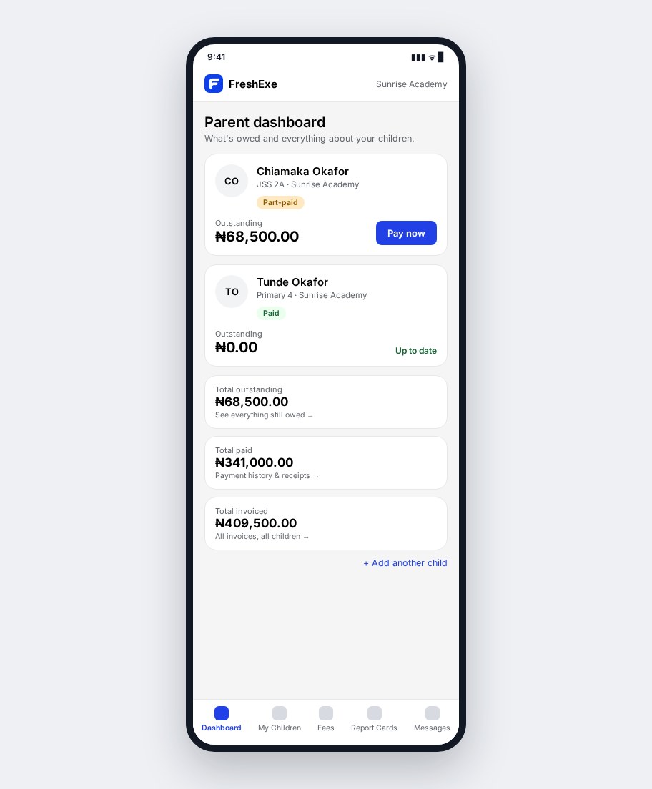 FreshExe parent portal on a mobile phone